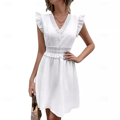 Women's White Dress Lace Dress Summer Dress Mini Dress Cotton Lace Ruffle Date Streetwear V Neck Sleeveless White Color