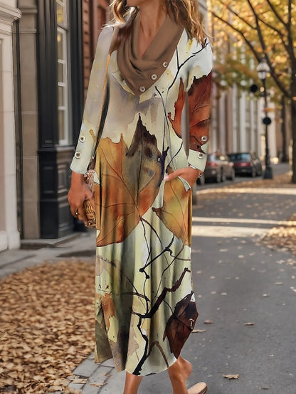 Women's Winter Dress Leaf Print Cowl Neck Long Dress Maxi Dress Daily Long Sleeve Fall Winter