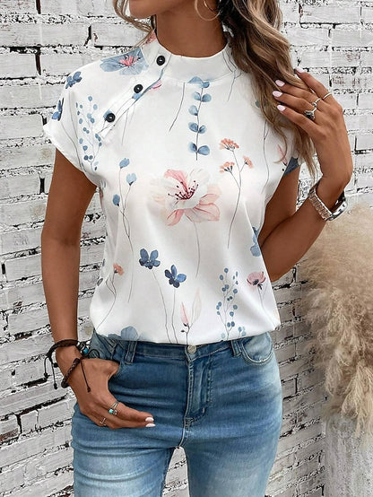 Women's Shirt Blouse Floral Print Black White Button Cap Sleeve Casual Work High Neck Short Sleeve Summer Blouse