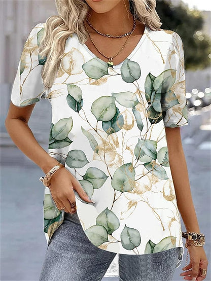 Women's T shirt Tee Floral Holiday Weekend Print White Short Sleeve Basic V Neck