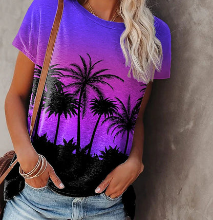 Women's T shirt Tee Plants Casual Holiday Going out Print Purple Short Sleeve Hawaiian Basic Holiday Round Neck