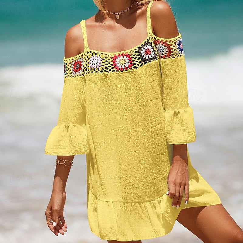 Women's Summer Dress Cover Up Ruffle Cut Out Beach Wear Holiday Long Sleeve Black White Yellow Color