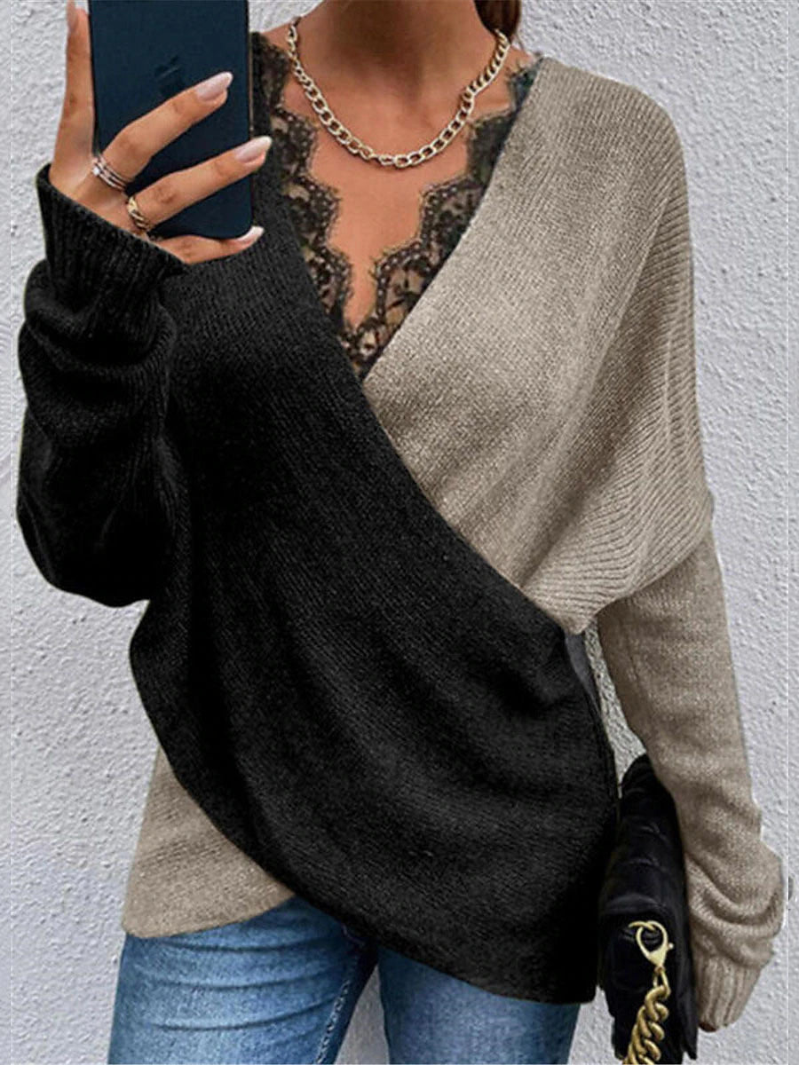 Women's Pullover Sweater Jumper V Neck Ribbed Knit Cotton Blend Patchwork Criss Cross Lace Trims Fall Winter Regular Daily Going out Weekend Stylish Casual Soft Long Sleeve Solid Color White Khaki