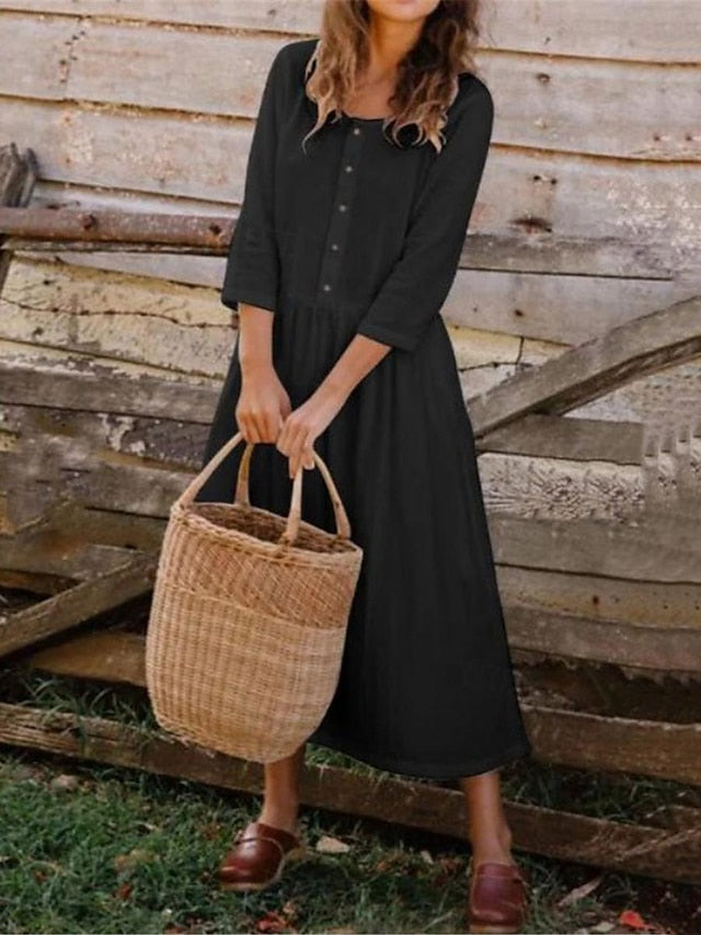 Women's White Dress Casual Dress A Line Dress Midi Dress Button Date Streetwear Basic Square Neck 3/4 Length Sleeve Black White Color