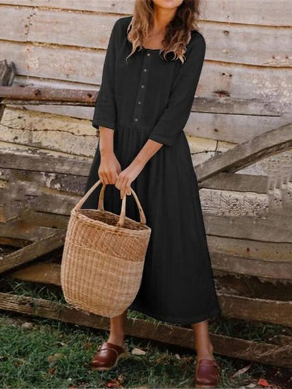 Women's White Dress Casual Dress A Line Dress Midi Dress Button Date Streetwear Basic Square Neck 3/4 Length Sleeve Black White Color