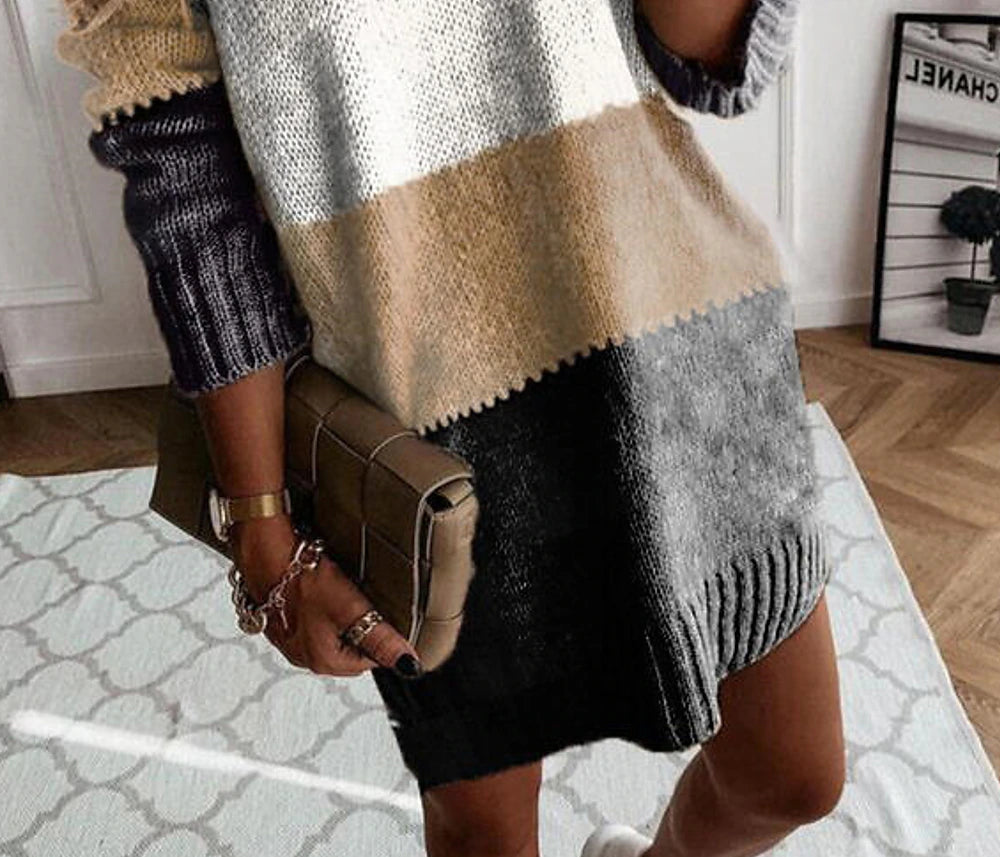 Women's Pullover Sweater Jumper V Neck Crochet Knit Knit Patchwork Knitted Fall Winter Tunic Going out Weekend Stylish Long Sleeve Color Gradient Brown S M L