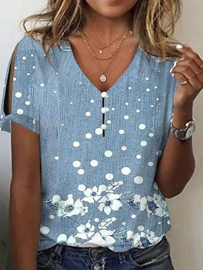 Women's T shirt Tee Henley Shirt Floral Holiday Weekend Button Cut Out Print White Short Sleeve Basic Round Neck