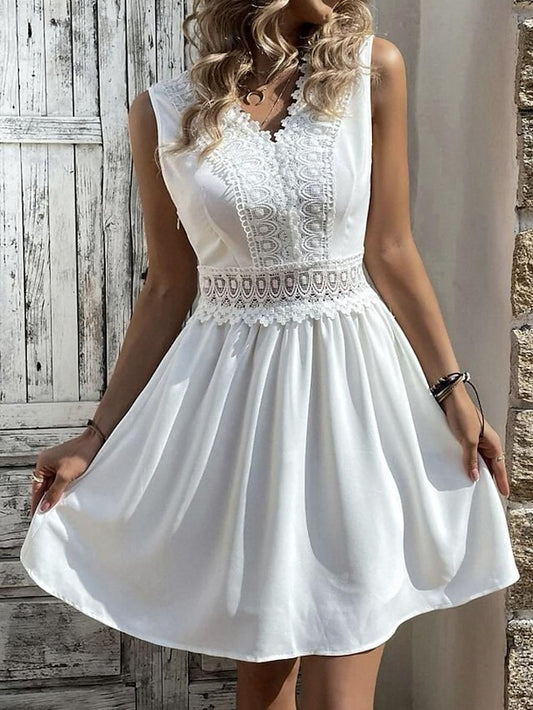 Women's White Lace Wedding Dress Mini Dress Cotton with Sleeve Date Streetwear V Neck Sleeveless Black White Color