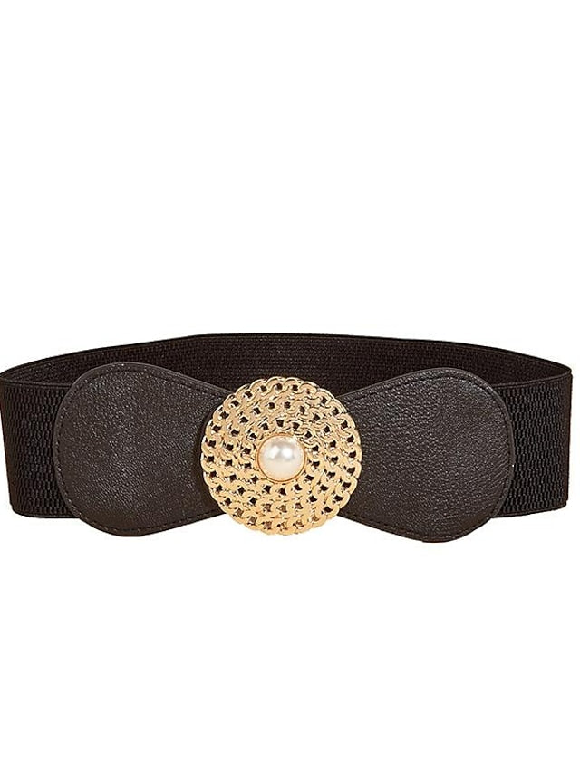 round buckle chain elastic elastic girdle female outer suit dress pearl disc black retro belt - LuckyFash™