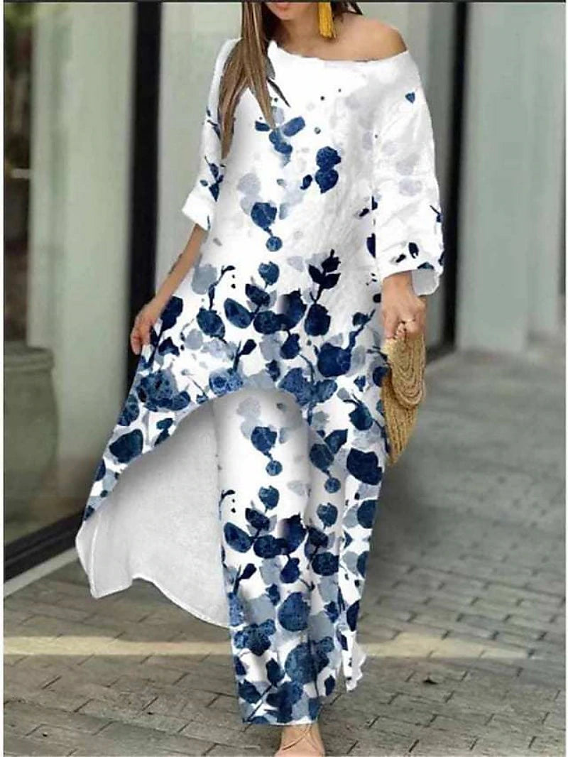 Women's Shirt Pants Sets Floral Butterfly Casual Holiday Print White Long Sleeve Elegant Fashion Streetwear Round Neck Fall & Winter