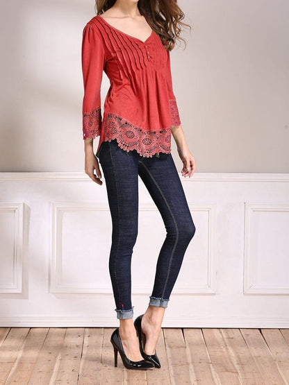 Lace Splice Cotton Nine Point Sleeve T-Shirt