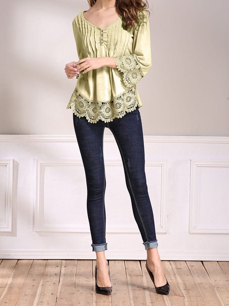 Lace Splice Cotton Nine Point Sleeve T-Shirt