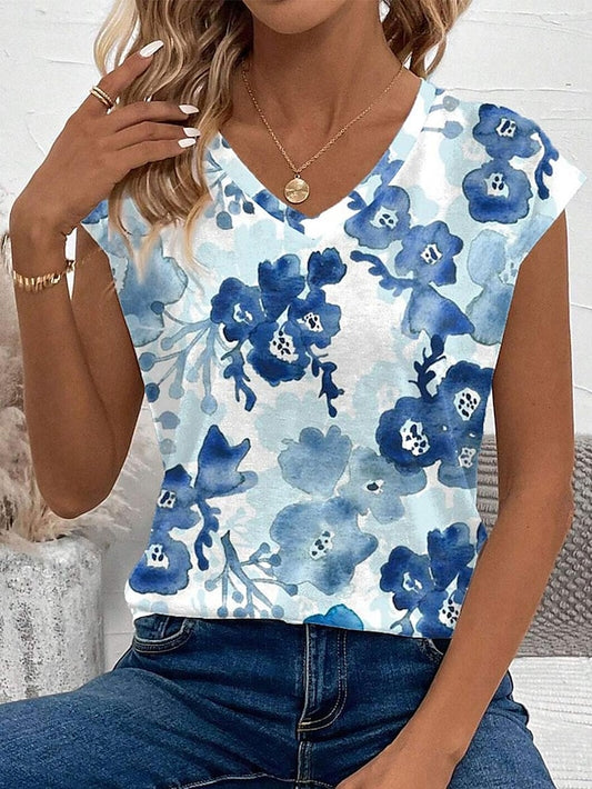 Women's T shirt Tee Casual Holiday Print Blue Short Sleeve Print V Neck Summer