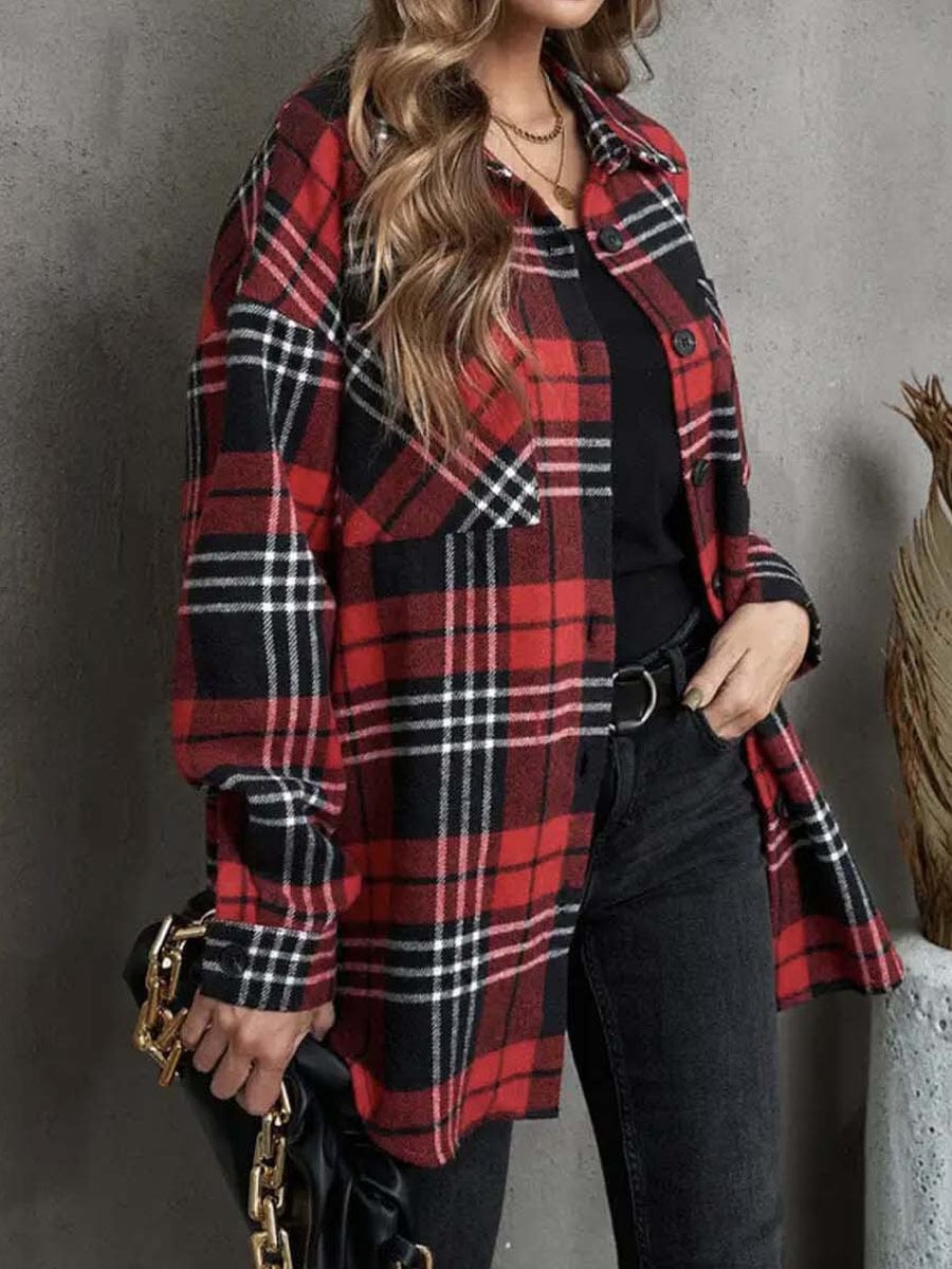 Lapel Collar Single Breasted Loose Plaid Wool Coat