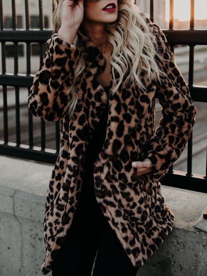 Lapel Leopard Print Faux Fur Long Sleeve Midi Coat