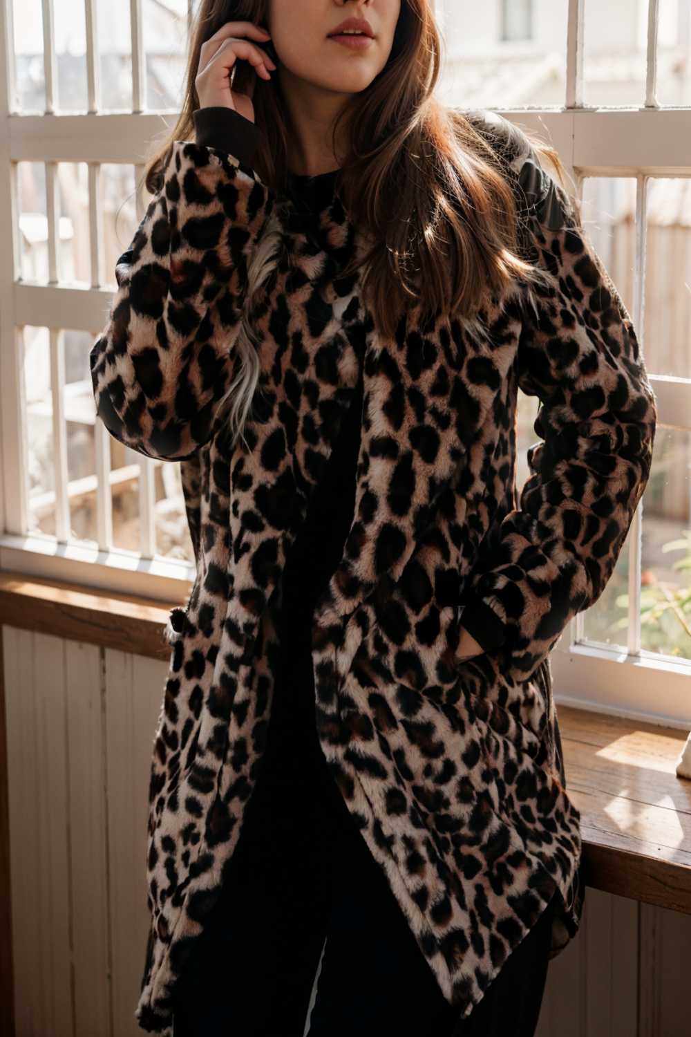 lapel leopard print faux fur long sleeve midi coat 107673