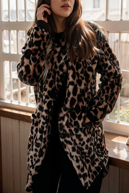 lapel leopard print faux fur long sleeve midi coat 107673