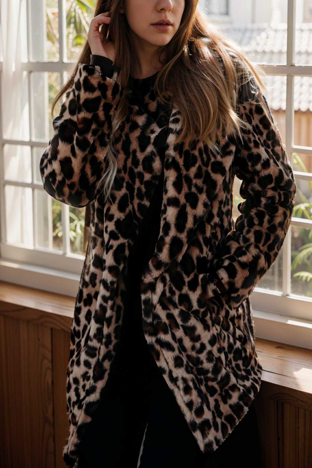 lapel leopard print faux fur long sleeve midi coat 108579