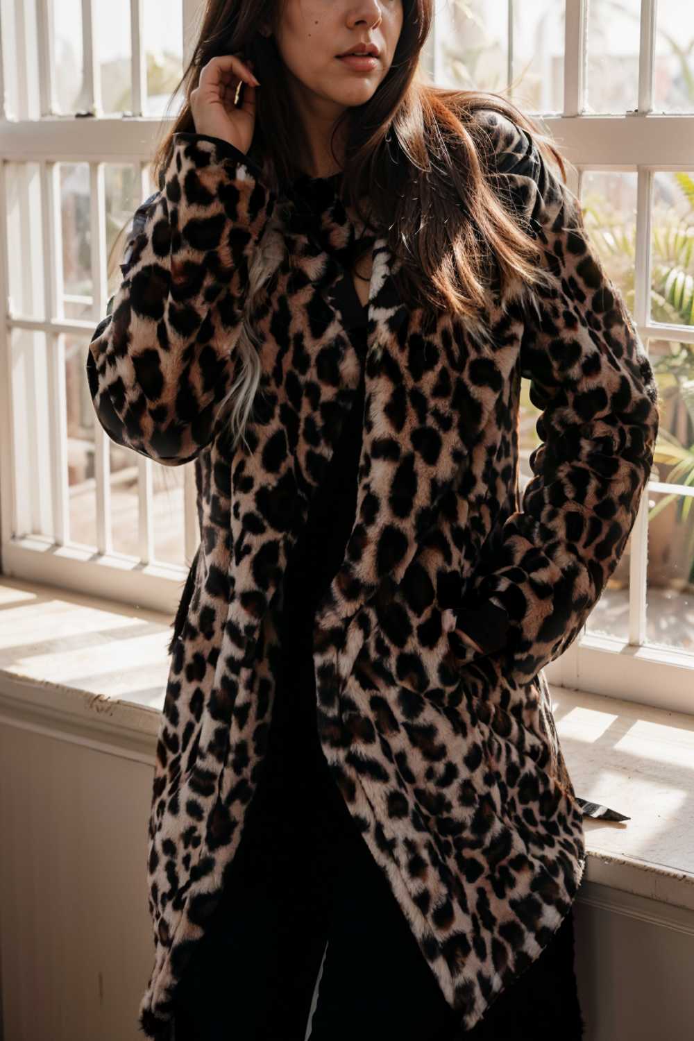 lapel leopard print faux fur long sleeve midi coat 109952