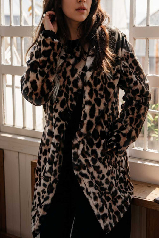 lapel leopard print faux fur long sleeve midi coat 108987