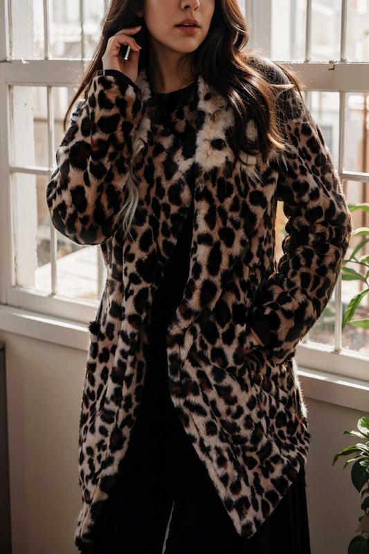 lapel leopard print faux fur long sleeve midi coat 110061