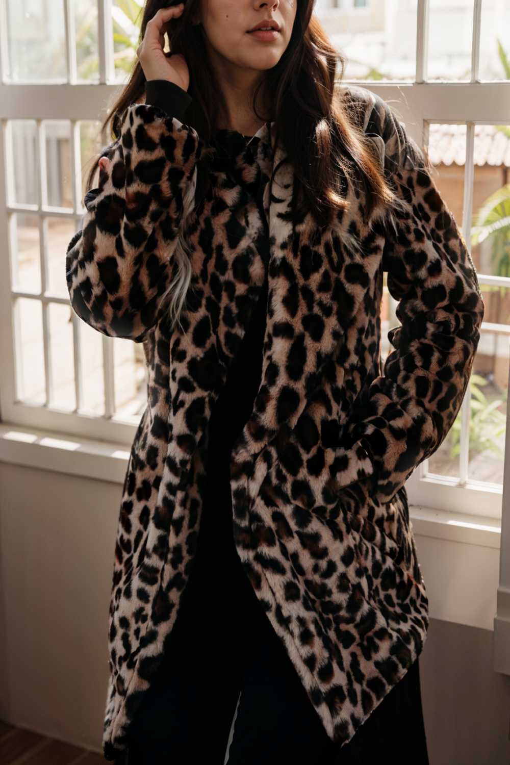 lapel leopard print faux fur long sleeve midi coat 109951