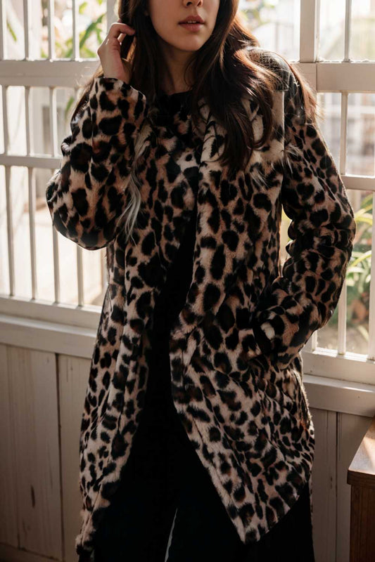 lapel leopard print faux fur long sleeve midi coat 108578