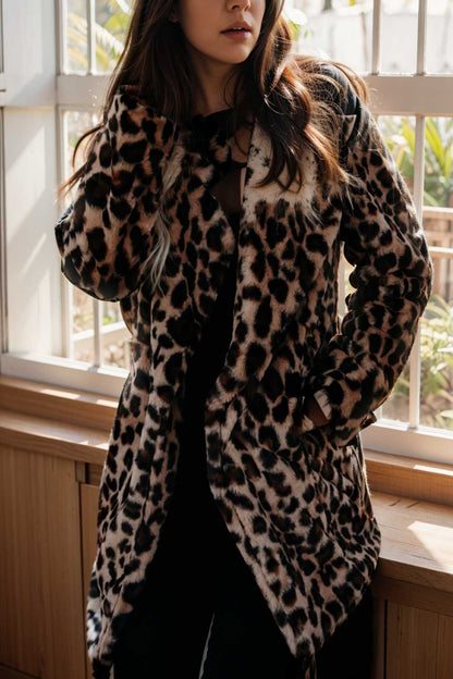 lapel leopard print faux fur long sleeve midi coat 137239