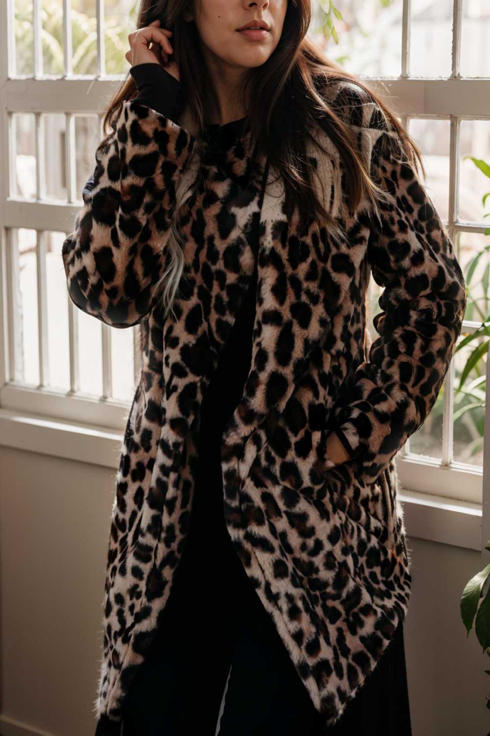 lapel leopard print faux fur long sleeve midi coat 109950