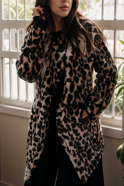 lapel leopard print faux fur long sleeve midi coat 109950