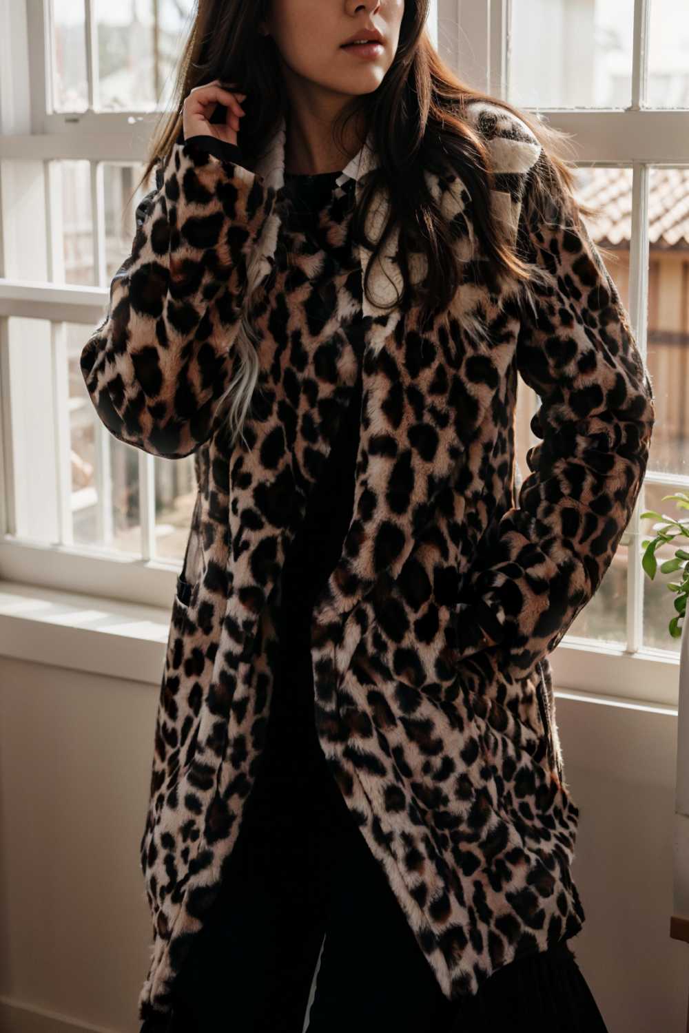 lapel leopard print faux fur long sleeve midi coat 137238