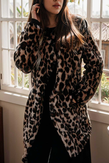 lapel leopard print faux fur long sleeve midi coat 122858