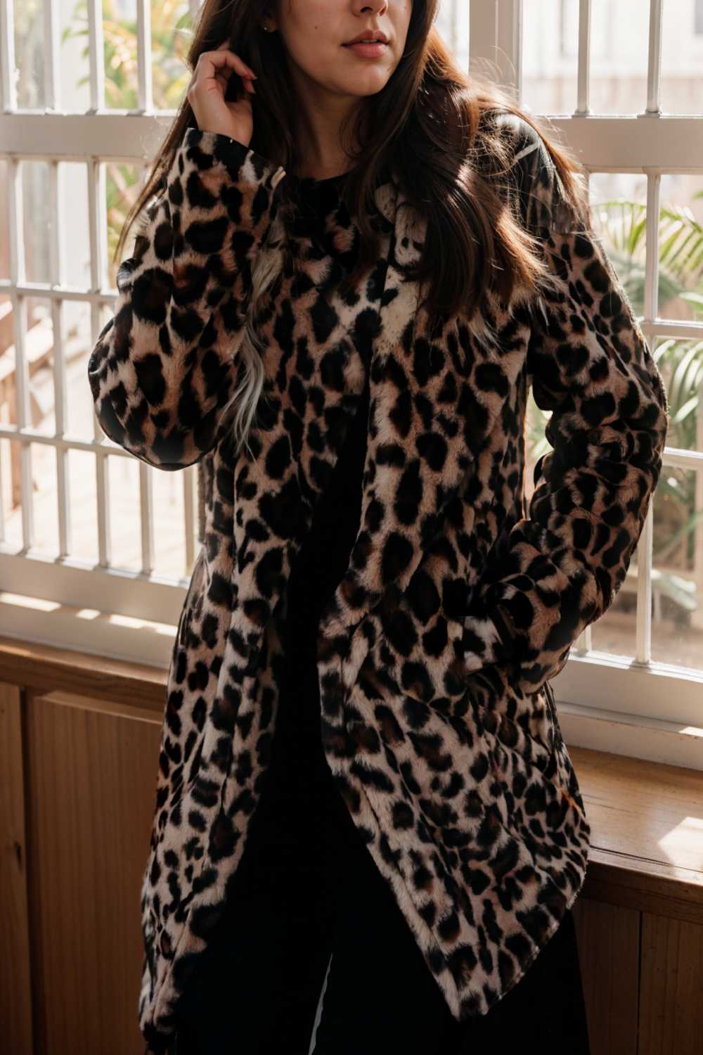 lapel leopard print faux fur long sleeve midi coat 109949