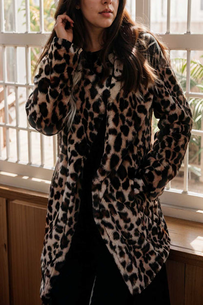 lapel leopard print faux fur long sleeve midi coat 109949