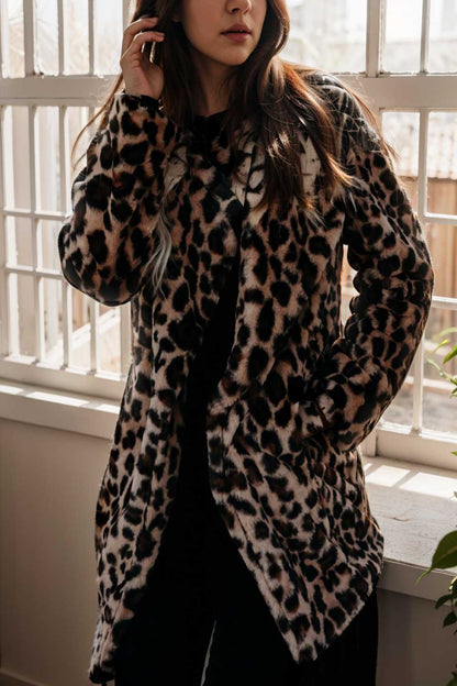 lapel leopard print faux fur long sleeve midi coat 109667