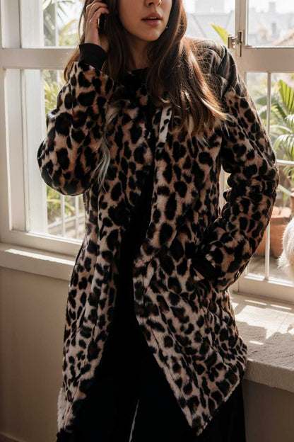 lapel leopard print faux fur long sleeve midi coat 122857