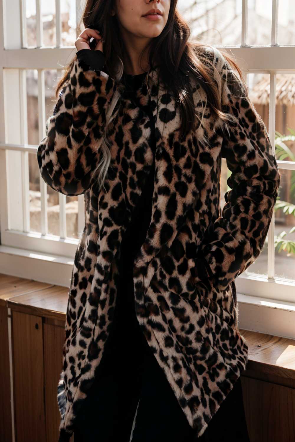 lapel leopard print faux fur long sleeve midi coat 109948