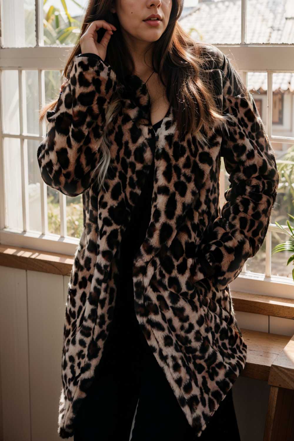 lapel leopard print faux fur long sleeve midi coat 109947