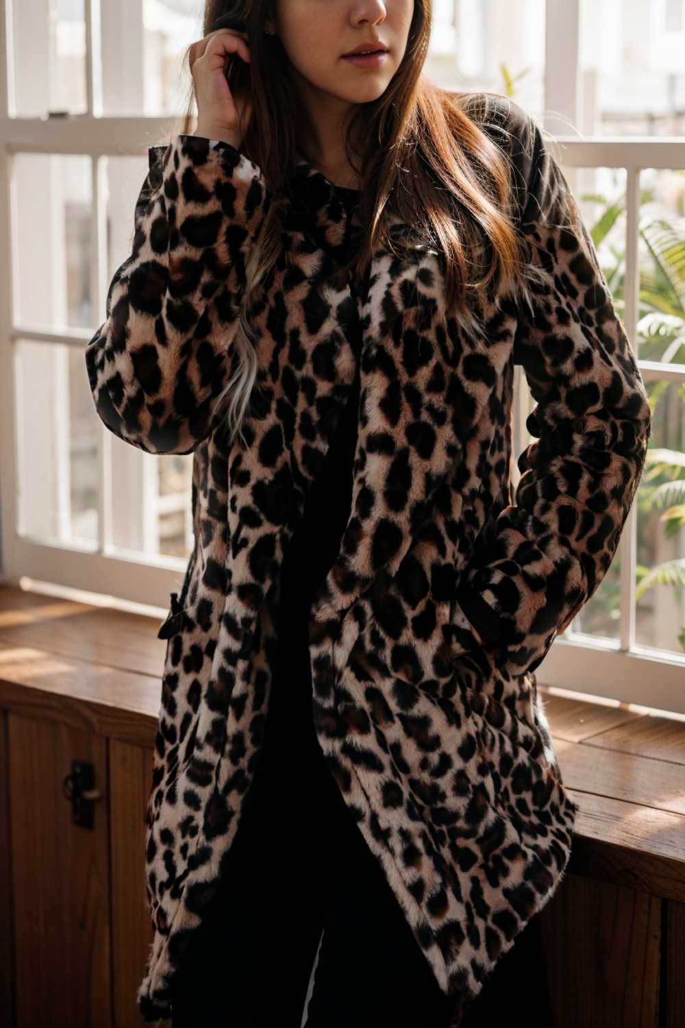 lapel leopard print faux fur long sleeve midi coat 122856