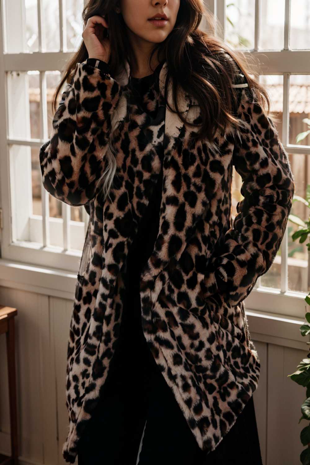 lapel leopard print faux fur long sleeve midi coat 122855