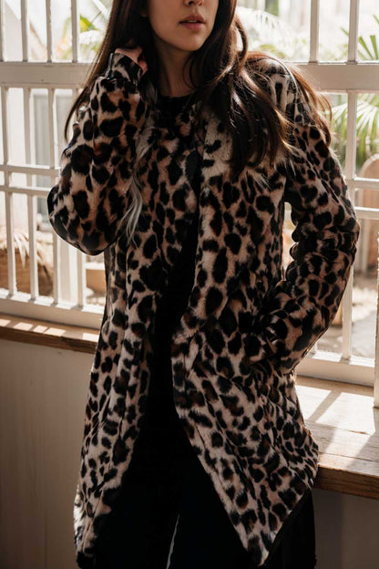 lapel leopard print faux fur long sleeve midi coat 109665