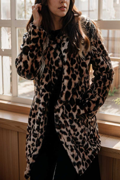 lapel leopard print faux fur long sleeve midi coat 109946