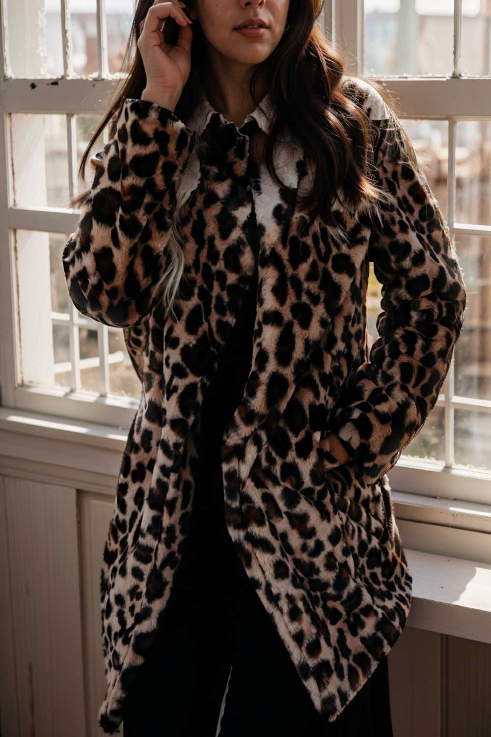 lapel leopard print faux fur long sleeve midi coat 109945