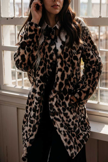 lapel leopard print faux fur long sleeve midi coat 109945