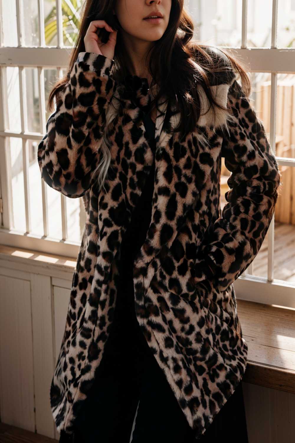 lapel leopard print faux fur long sleeve midi coat 122853