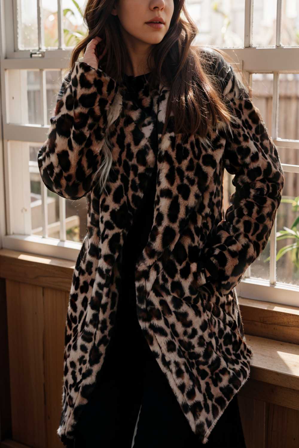 lapel leopard print faux fur long sleeve midi coat 122852