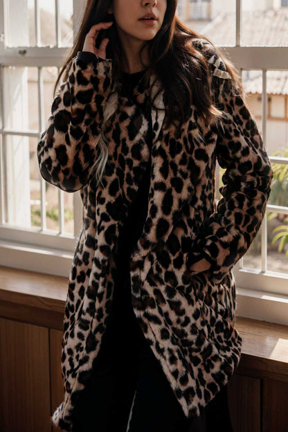 lapel leopard print faux fur long sleeve midi coat 122851