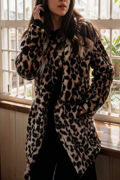 lapel leopard print faux fur long sleeve midi coat 109661