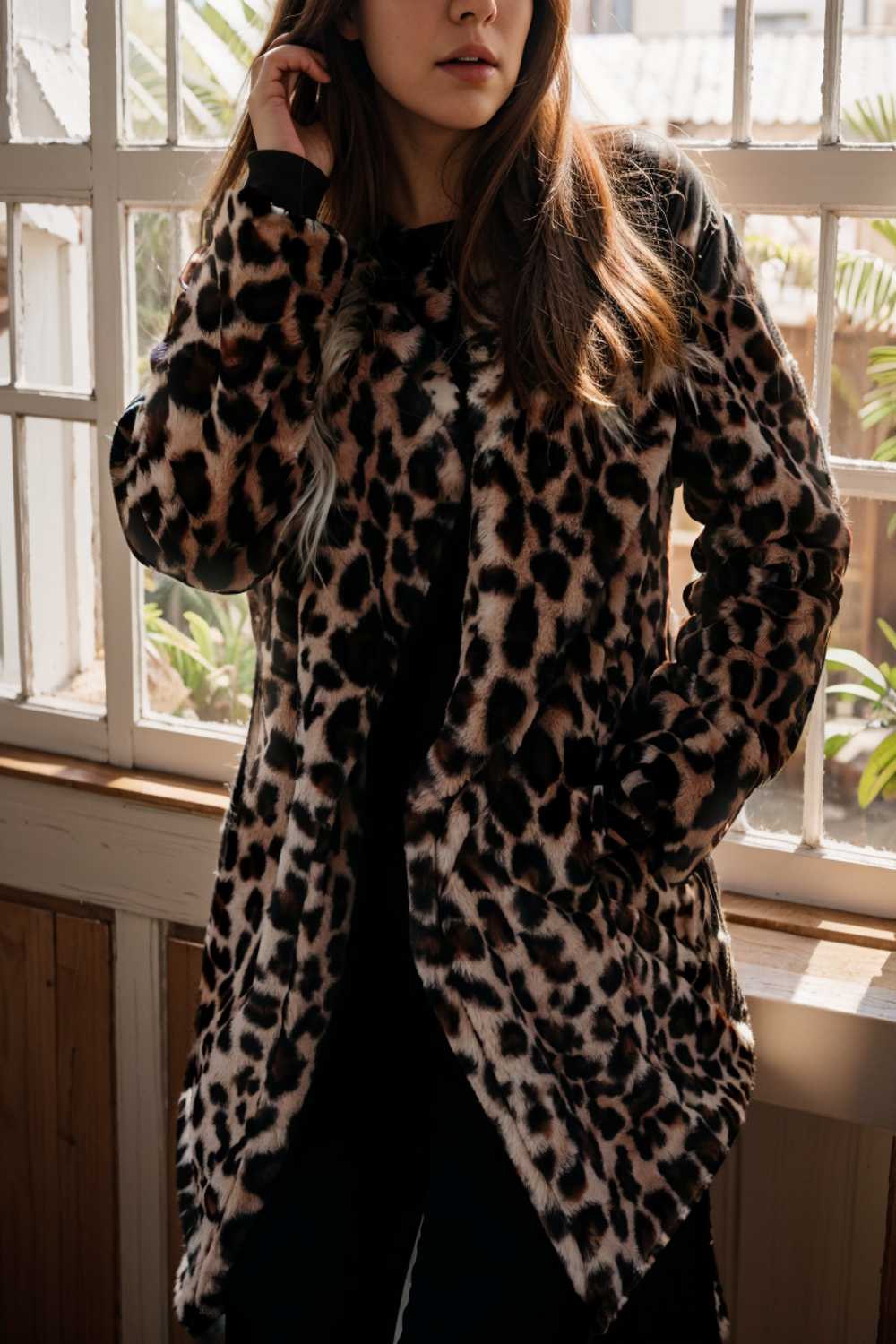 lapel leopard print faux fur long sleeve midi coat 122850