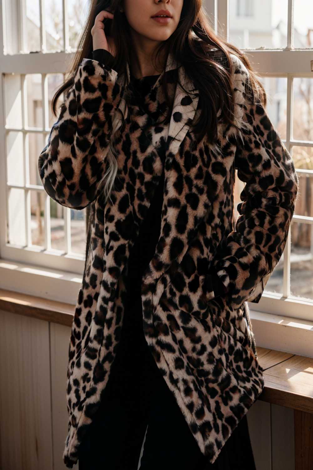 lapel leopard print faux fur long sleeve midi coat 122849